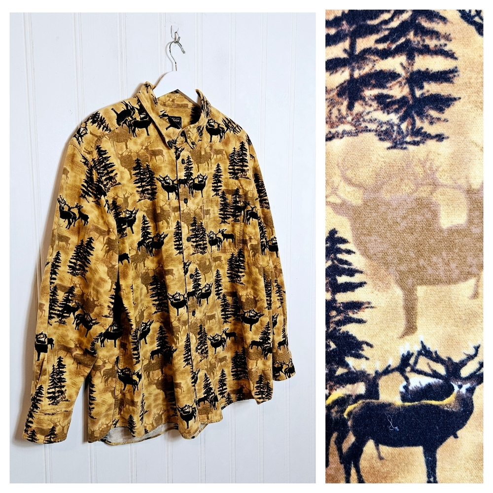 Vintage Woolrich Shirt XL Whitetail Deer Pine Tree Hunting Flannel Wheat Brown